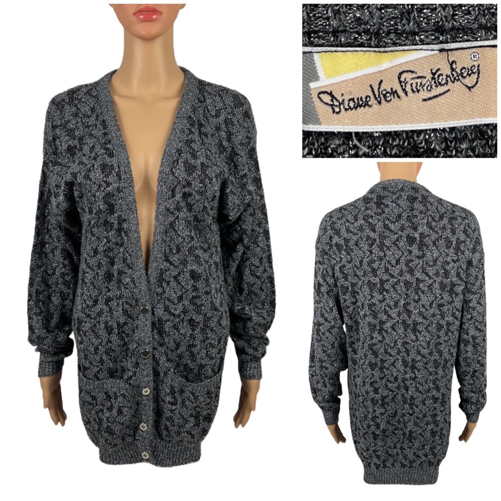 Diane Von Furstenberg Womens Medium Cardigan Gray Animal Print Metal Vintage EUC